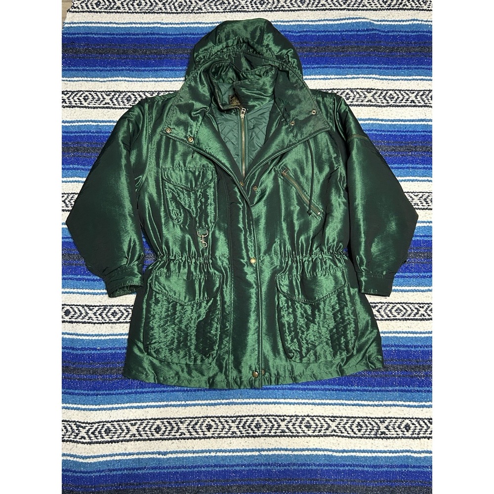 Vintage 80s Eddie Bauer Goose Down Green Nylon Hooded Parka Jacket XL Made Korea